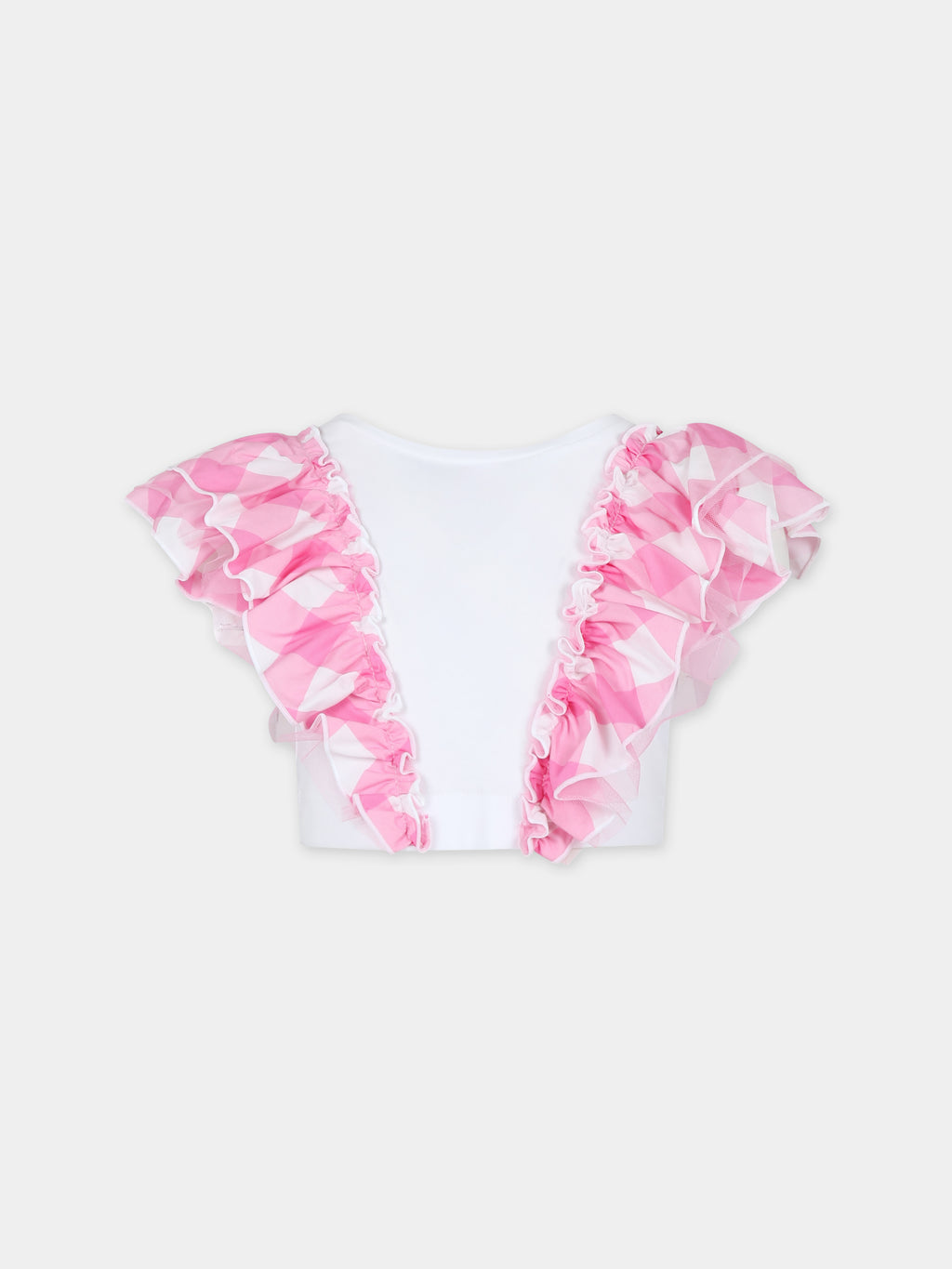 White crop t-shirt for girl with vichy print and tulle